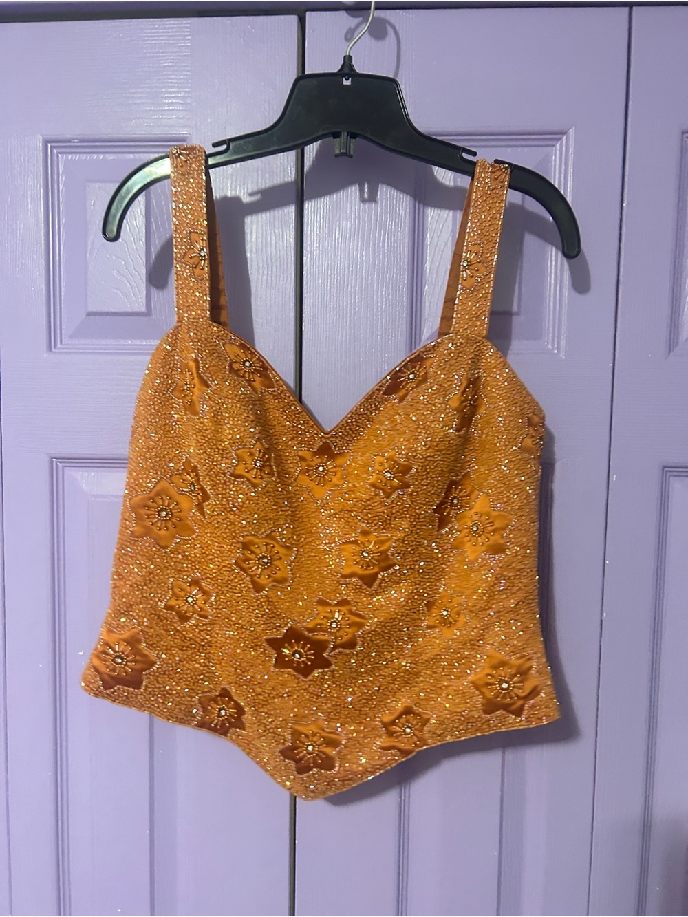 Embellished Orange Floral Beaded Tank Top